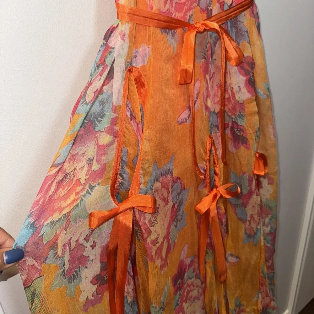JOHNNY WAS 100% Silk Maxi Dress Sz S Orange Floral Tiered Lined Boho Ribbon Slip - Picture 10 of 16